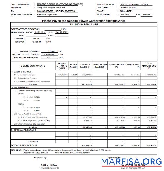 Realistic PHILIPPINES TAWELCO utility bill Word and PDF template